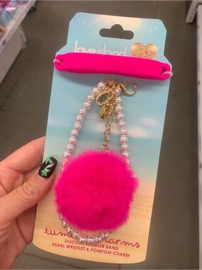 Love Island Pink Faux Fur Silicone Tumbler Band Pearl Wristlet Pom Pom Charm